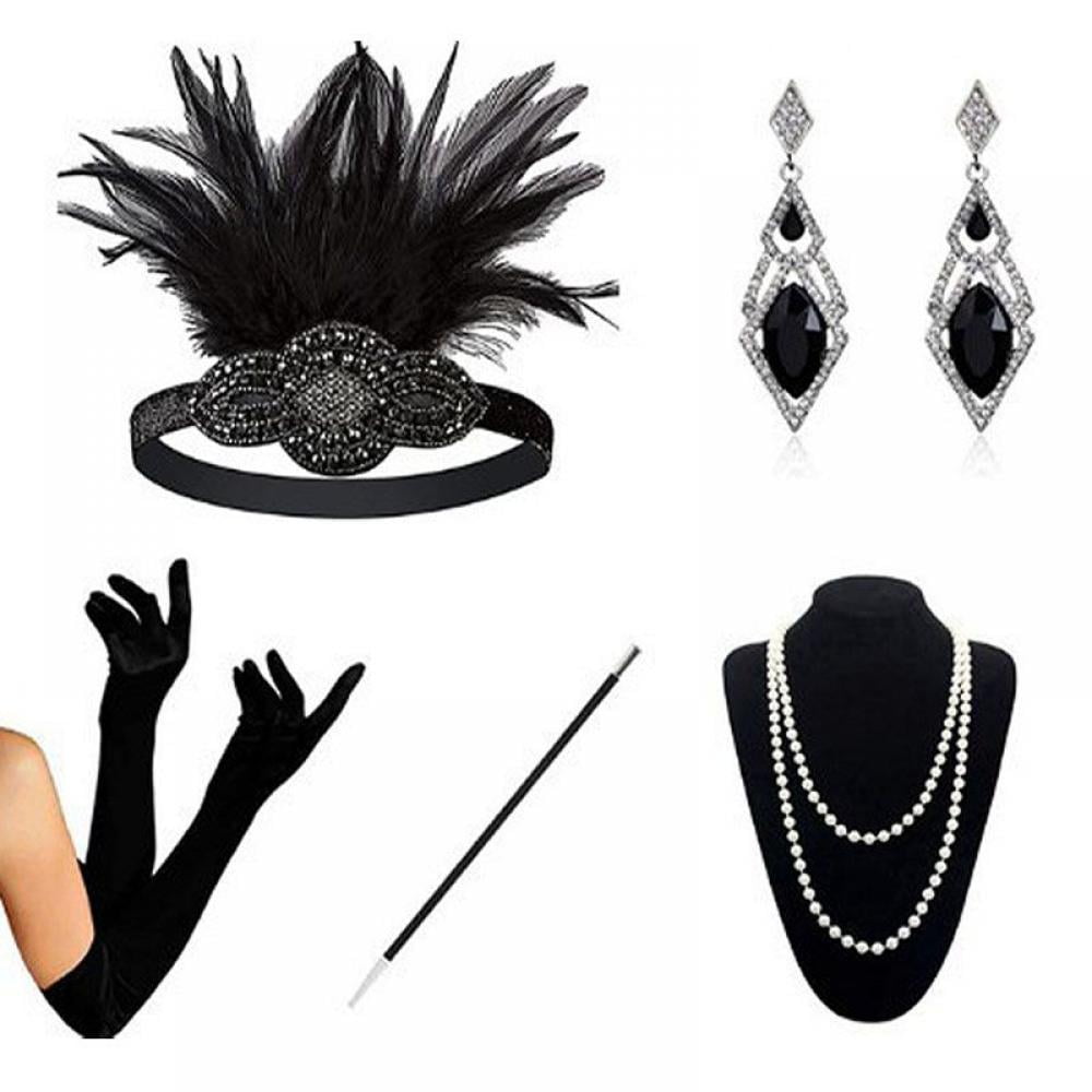 1920s Flapper Accessories Set Women Vintage Headband Necklace Gloves Cigar Holder Earrings Gatsby Costume for Roaring 20s Party Prom