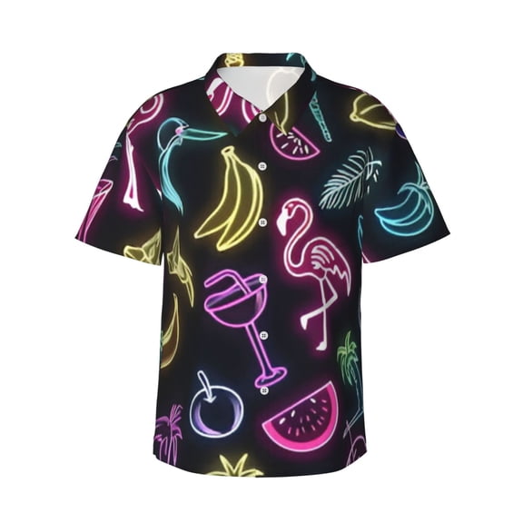 Men's Casual Short Sleeve Button Down Hawaiian Shirts,Neon Flamingo Banana Palm Trees Shirts Regular Fit Beach Summer Shirts with Front Pocket,L