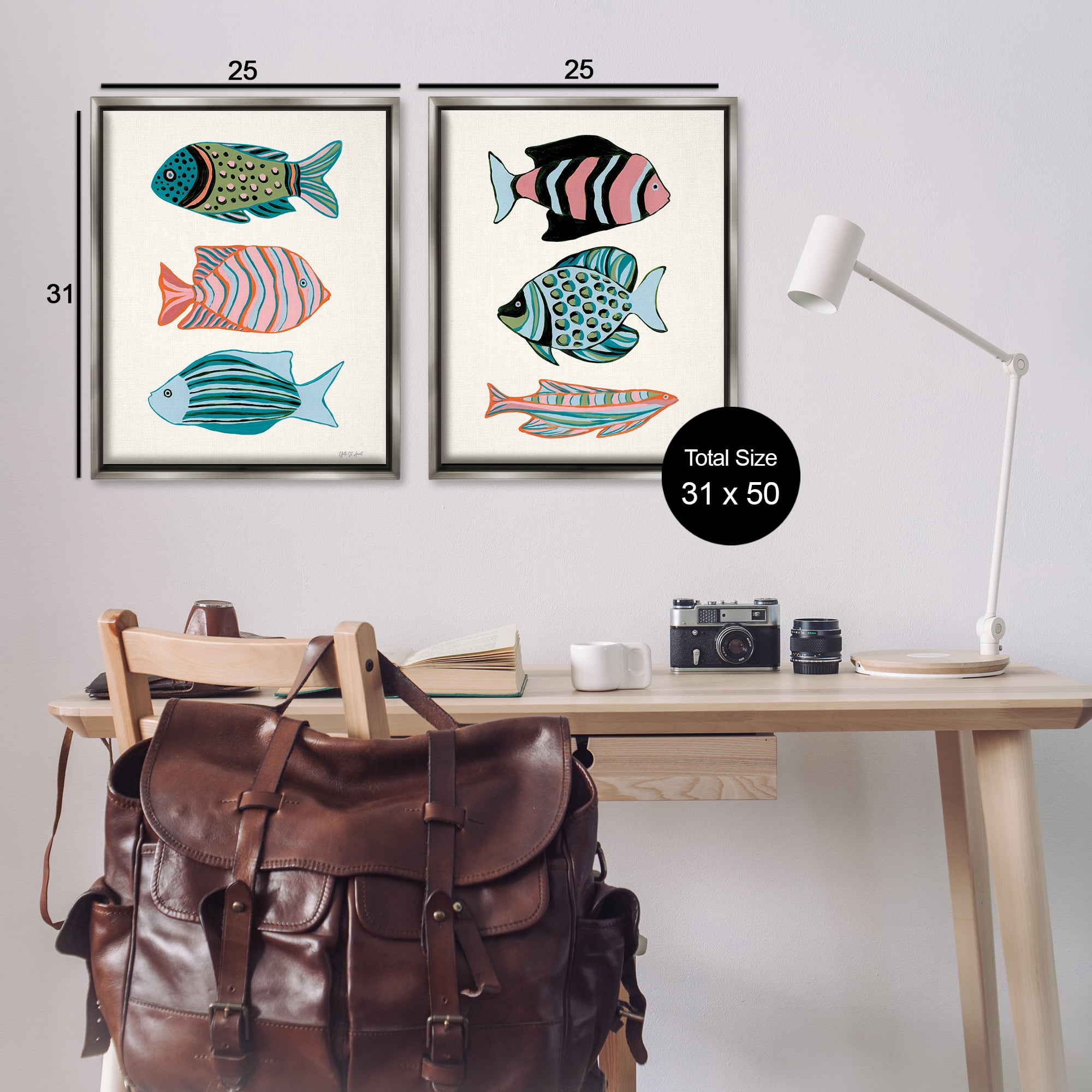 Stupell Industries Tropical Pastels Fish Animals Painting Gray Floater Framed Canvas Art Print Wall Art, 31 x 25, Set of 2
