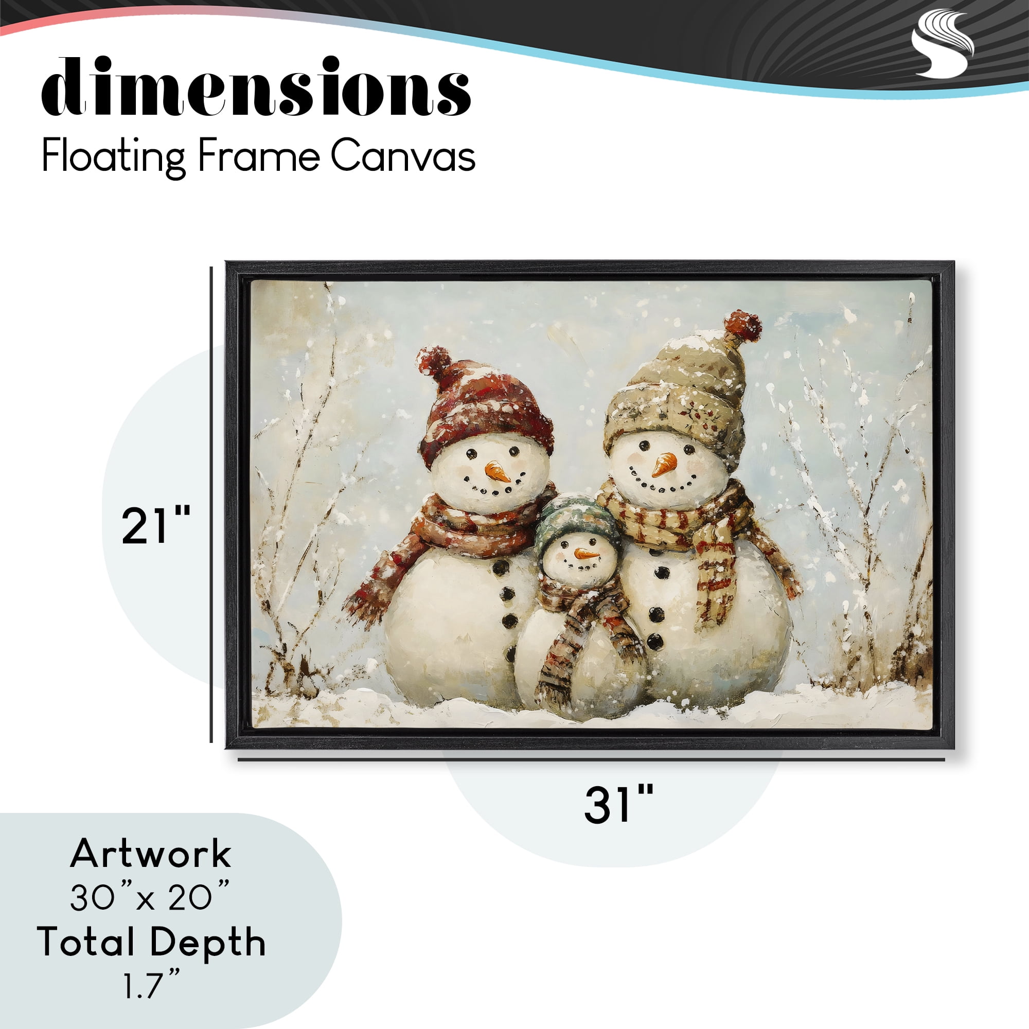 Snowman Family Of Three Black Framed Floater Canvas Wall Art, design by Petal Prints Design