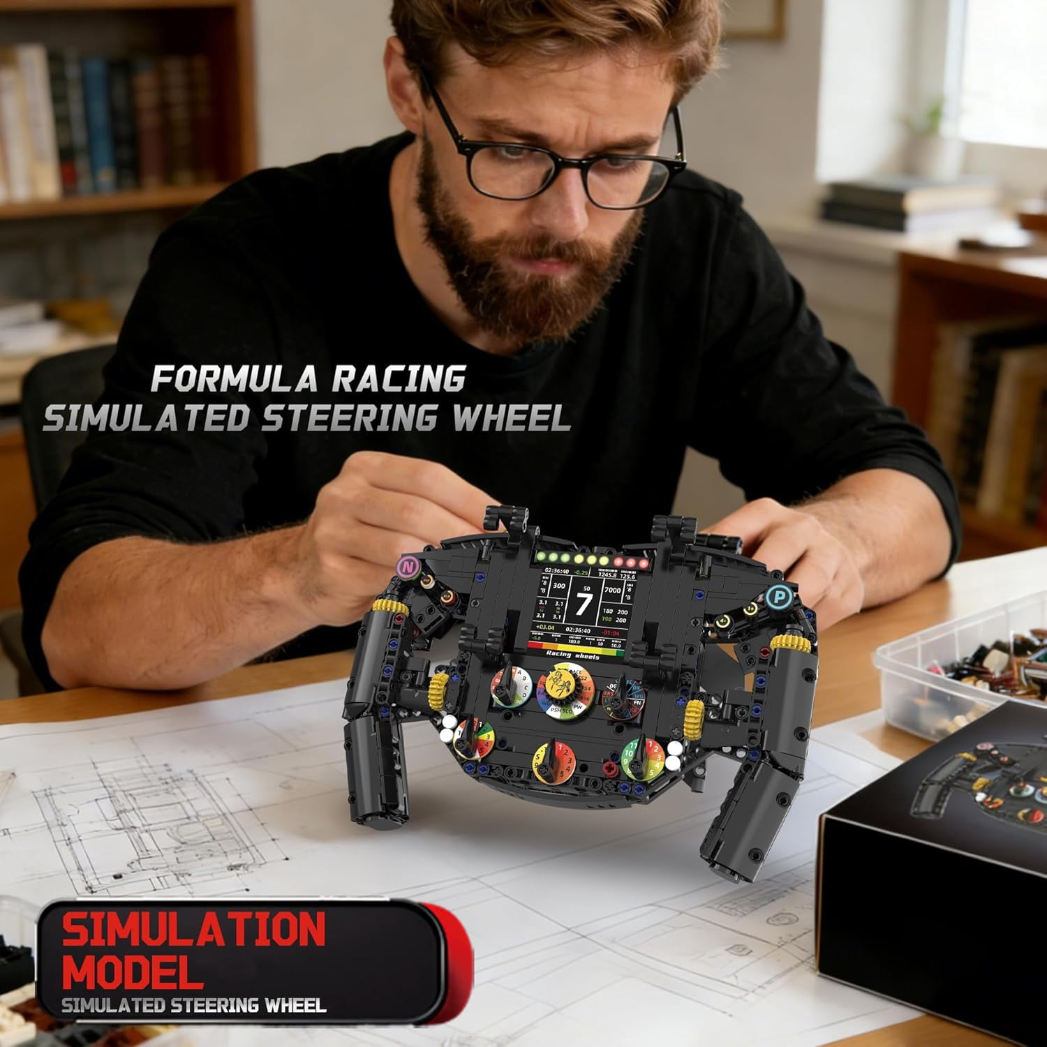 Racing Simulator Steering Wheel Building Set for F1, Mechanical Formula Sim Cars Driving ,Collectible Model Kit with Moving Parts & Phone Holder