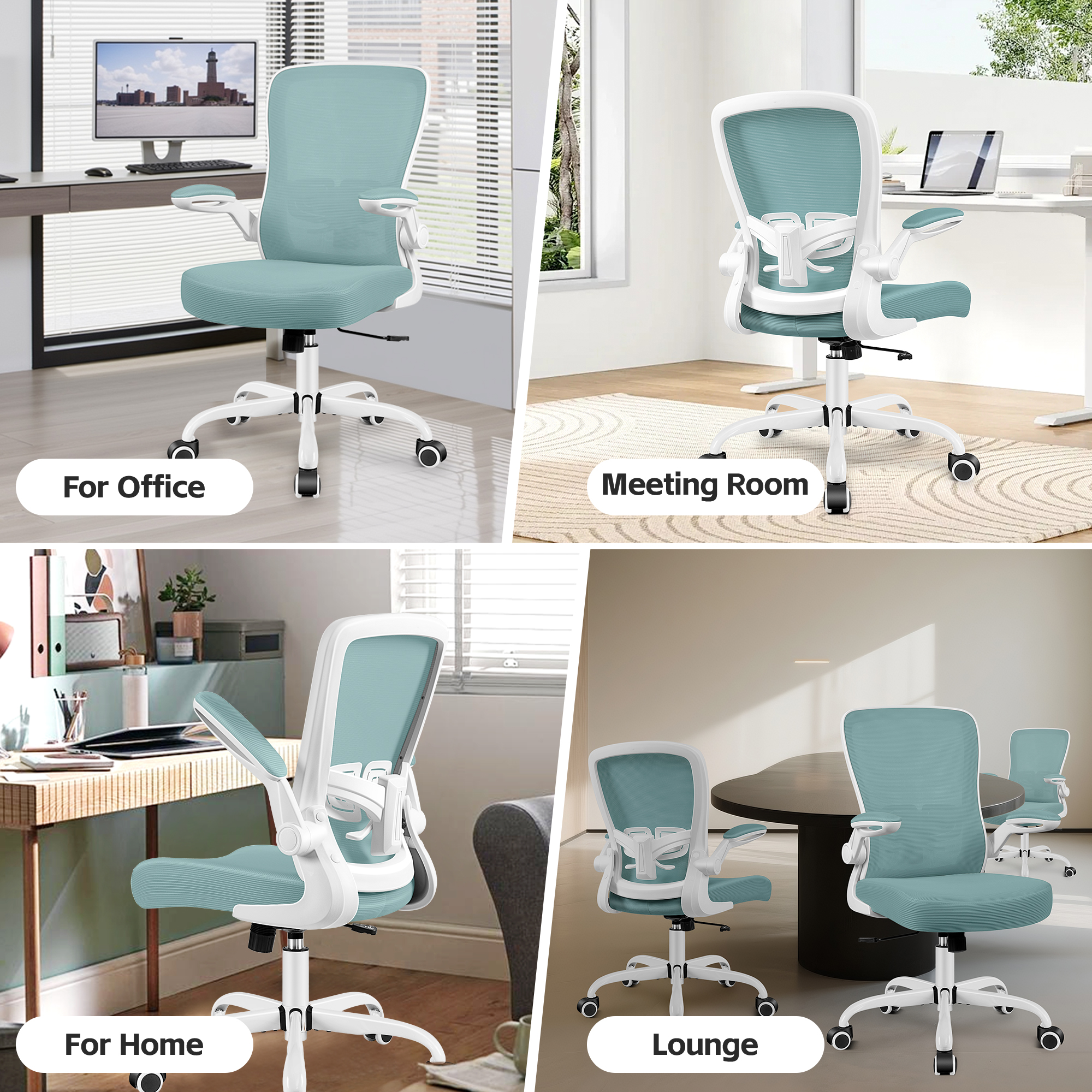 COOLHUT Ergonomic Office Chair, Home Office Desk Chair, Comfort Mesh Task Chair with Adjustable Lumbar Support and Flip up Arms, Light Blue