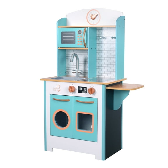 Teamson Kids Little Chef Santos Small Retro Pretend Play Kitchen with Chalkboard Panels & Play Kitchen Accessories, Aqua/White/Natural