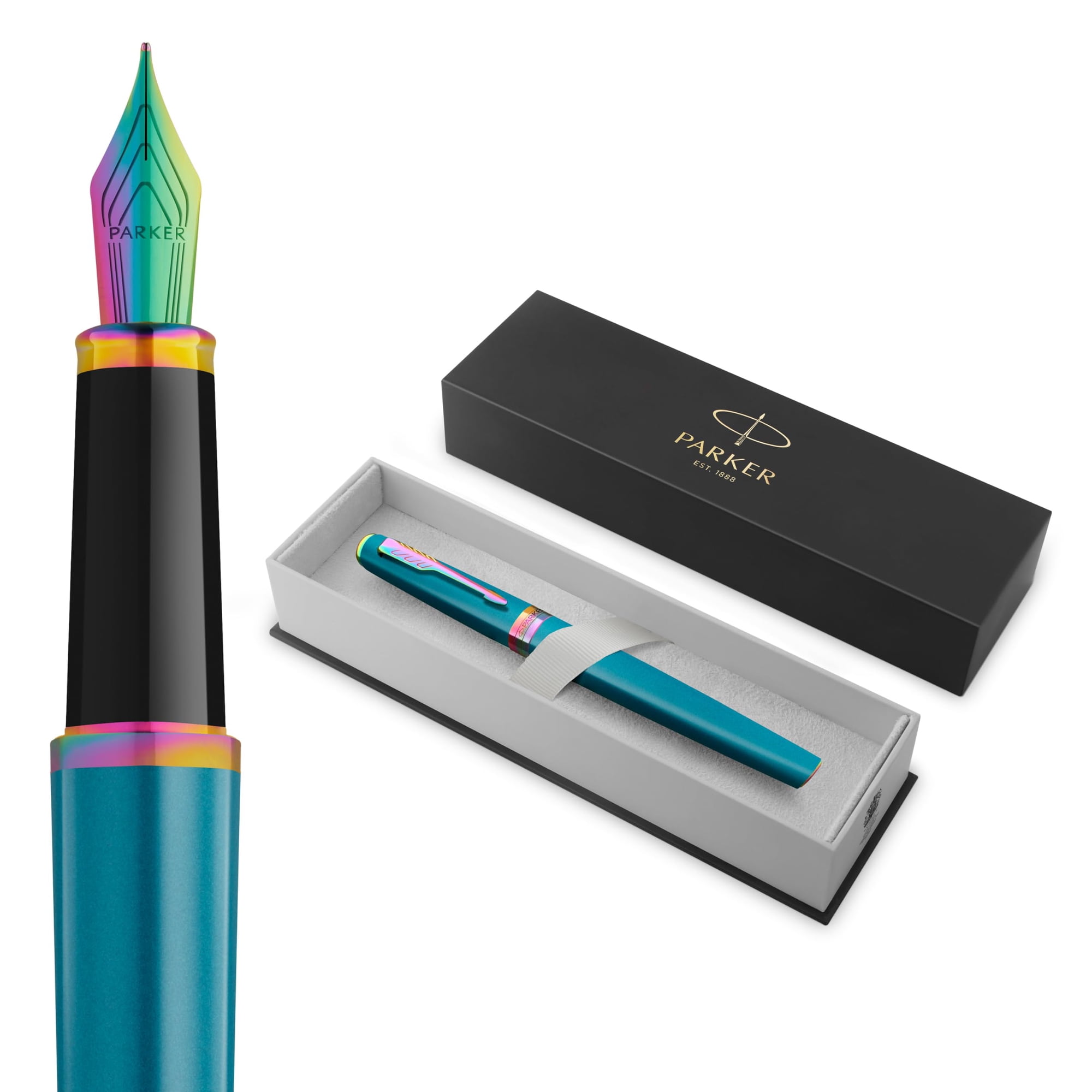 PARKER Meridian Fountain Pen | Teal Lacquer with Rainbow Trims | Medium Nib | Handwriting Pens & Stationery Supplies | Blue Ink | Luxury Gift Box