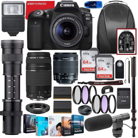 Canon EOS 90D DSLR Camera Bundle  New  with 18-55mm STM  75-300mm III & 420-800mm CO Zoom Lens  128GB Memory  Filters  Software  Backpack-New