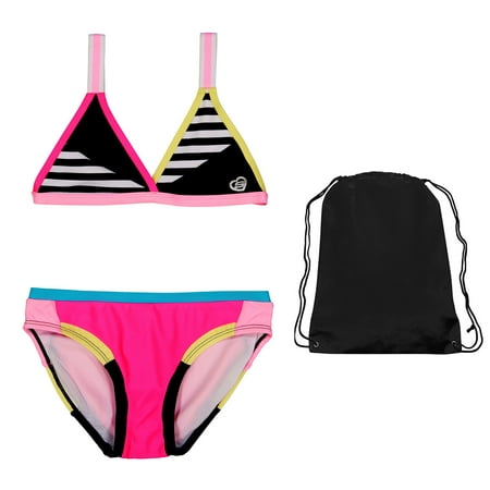 Pink Bathing Suit - Skechers Girls 2 Piece Color Block Bikini and Drawstring Bag Pink, Black, White 8 | Best Bathing Suit for Pool, Beach, or Vacation