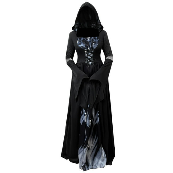 Vintage Gothic Hooded Witch Dress with Bell Sleeves and Cinched Waist