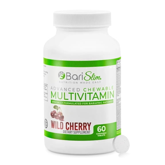BariSlim Chewable Multivitamin Tablets with Iron, Energy, Immune & Nutrient Deficiency Support,  Wild Cherry, 60 Count, Adult
