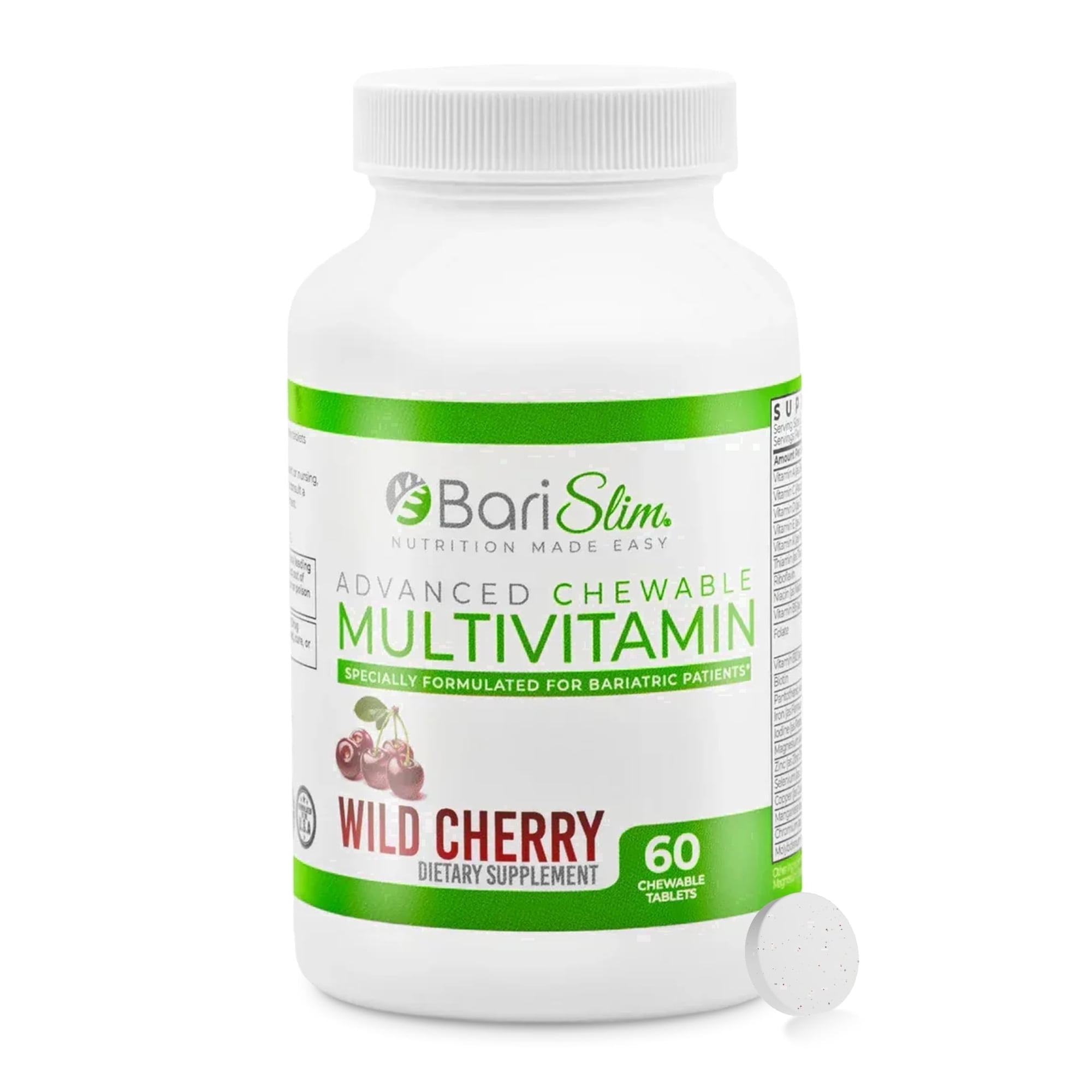 BariSlim Chewable Multivitamin Tablets with Iron, Energy, Immune & Nutrient Deficiency Support, Wild Cherry, 60 Count, Adult