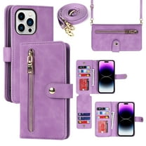 ELEHOLD Luxury Wallet Case for iPhone 14 Pro Max 6.7" Card Slots Zipper Purse Stand Function with Crossbody Strap Wrist Strap PU Leather Shockproof Case, Lightpurple