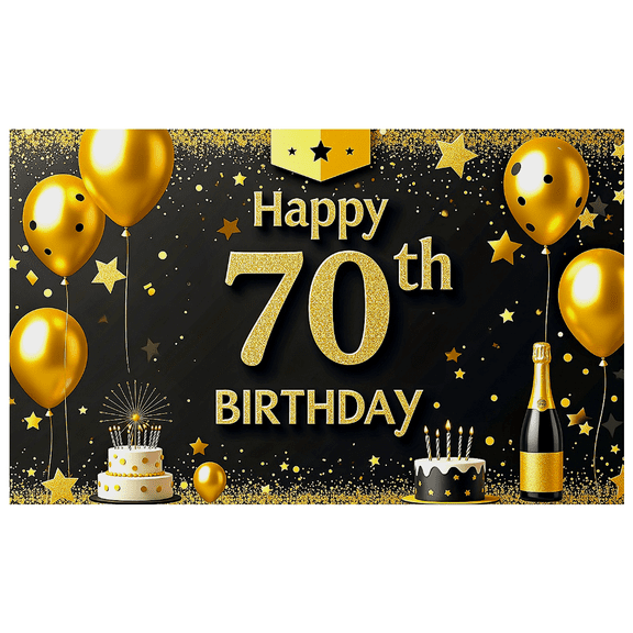 Glamorous Black and Gold Happy 70th Birthday Banner with Balloons Cakes and Champagne Party Decoration Backdrop for Birthday Party Photography Props Decorations