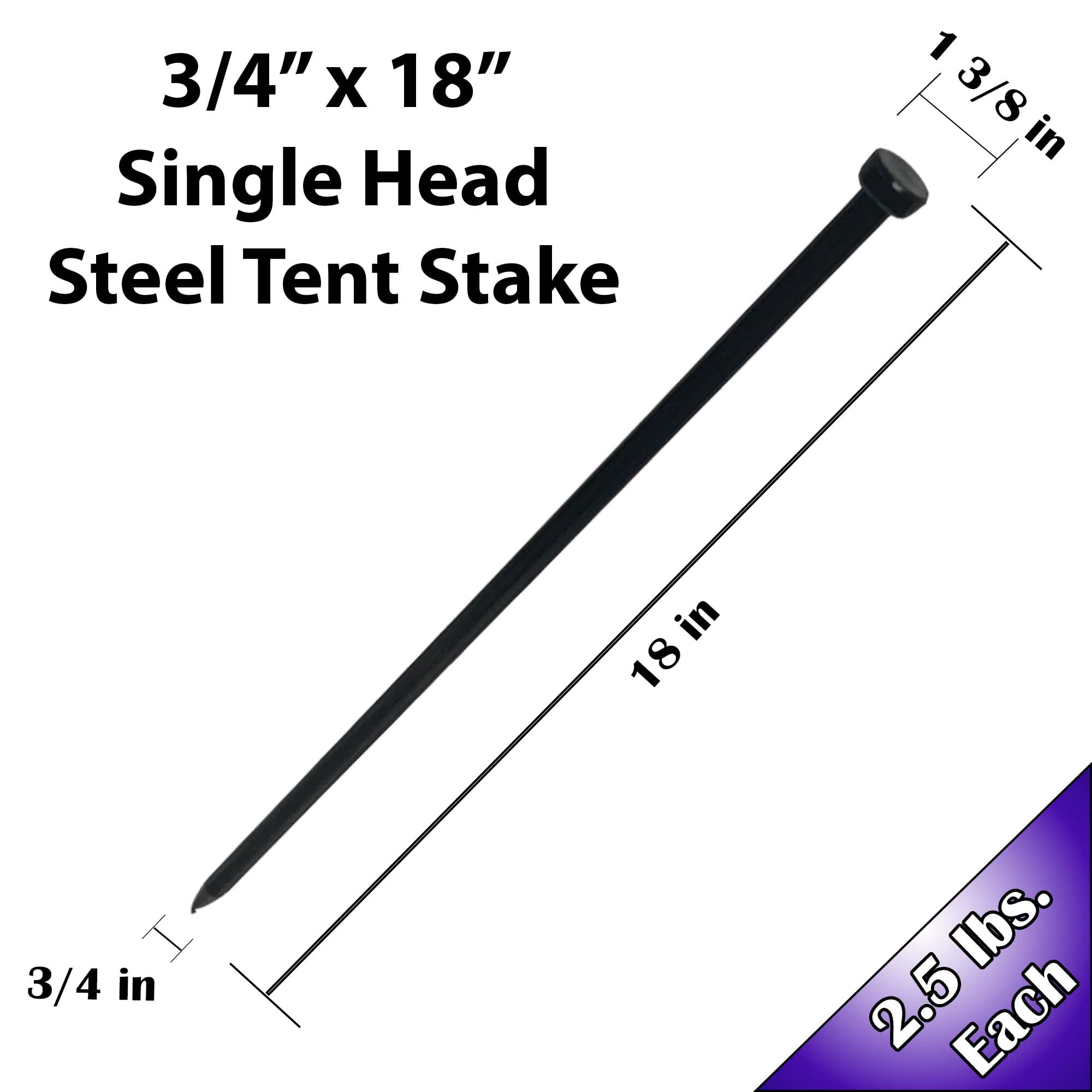 Moose Supply Heavy Duty Single Head Steel Tent Stakes, 4 Pack, 3/4" x 18"