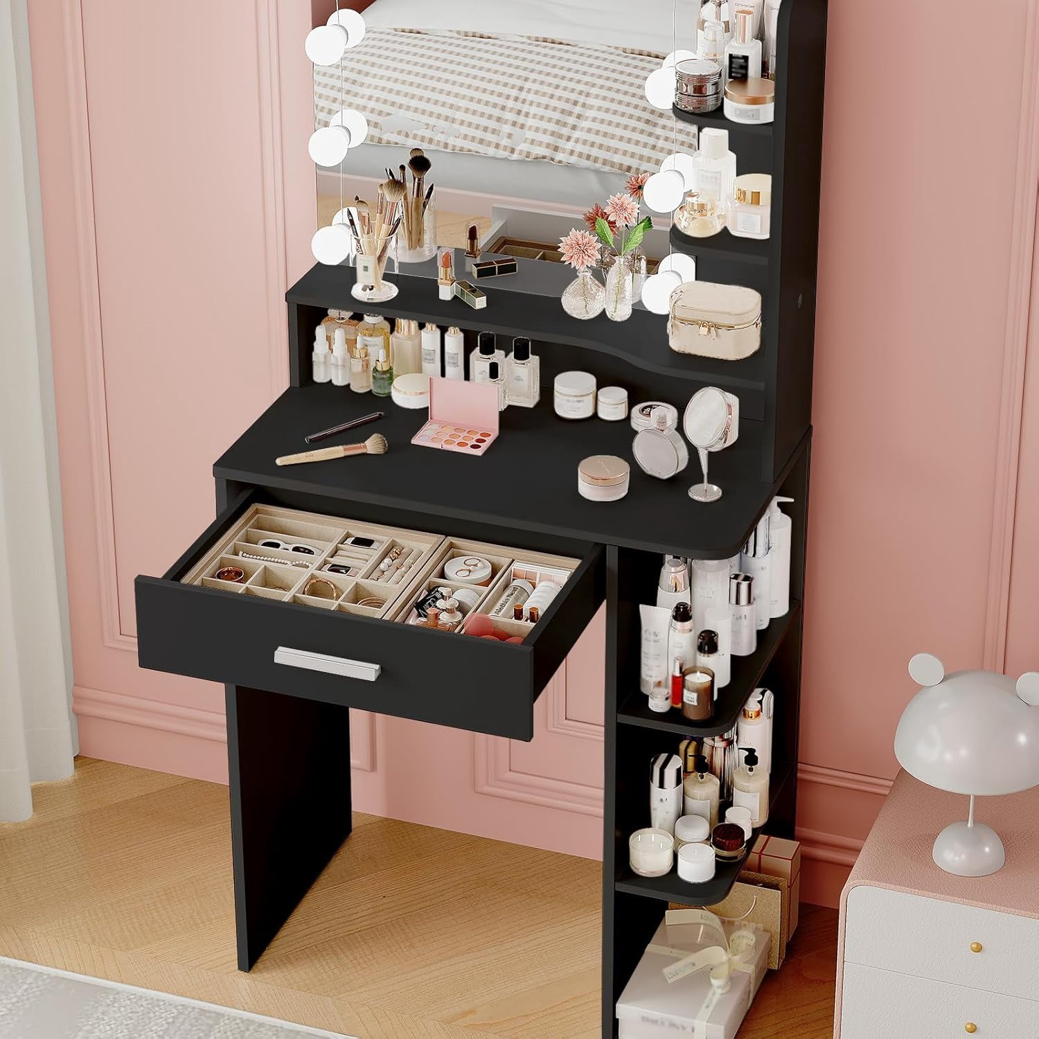 Vanity Desk with Mirror and Lights, Akaber 26.4" Makeup Vanity with Large Drawer, 6 Storage Levels, Small Black Vanity Desk with Large LED Mirror