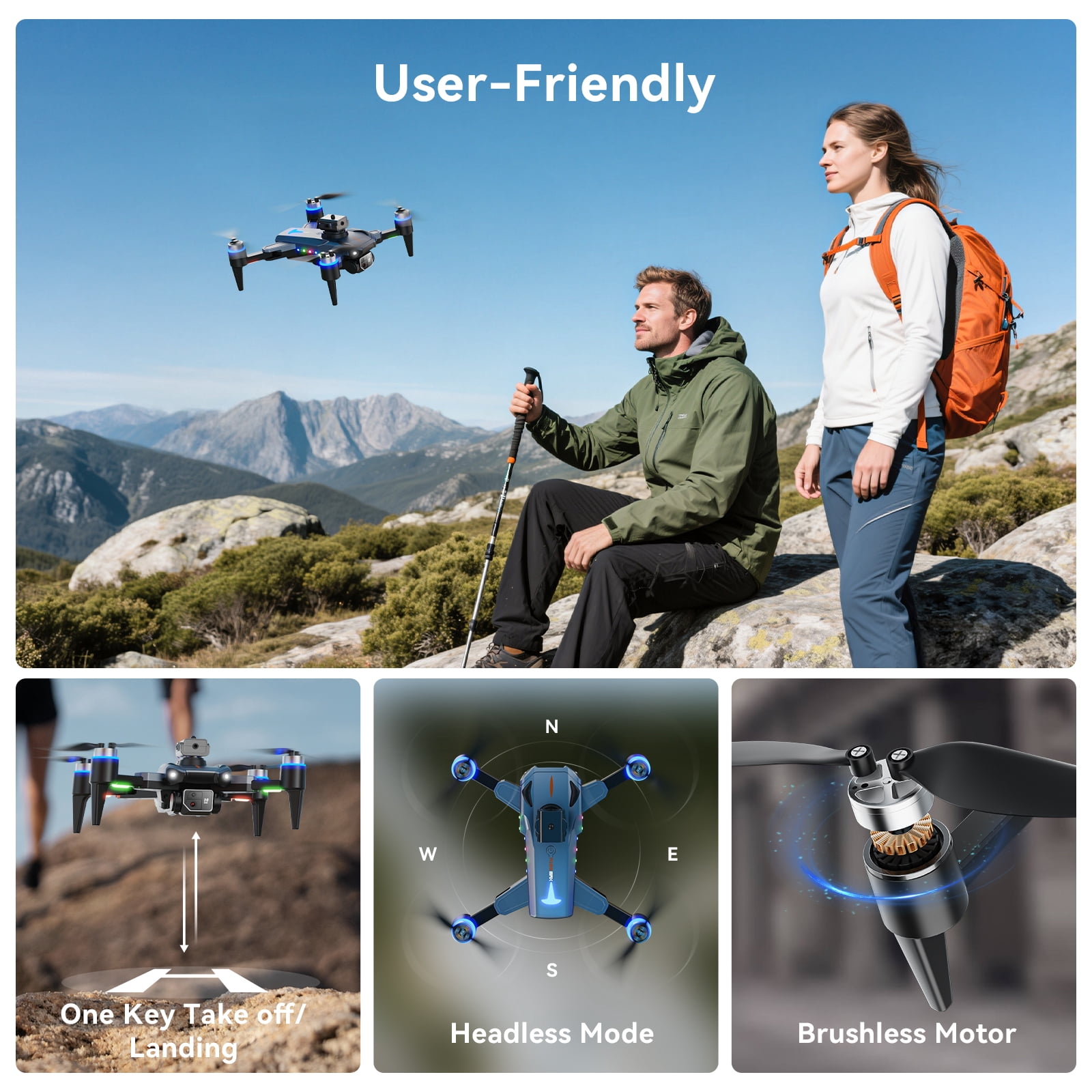 JoyStone RC Drone with 4K Camera for Adults Kids, Brushless Mini Drone with Headless Mode, RC Quadcopter with Colorful LED Light, 2 Batteries for Beginners