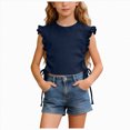 thumbnail image 3 of KPOPLK Toddler Baby Girl Ruffle Short Sleeve Shirts Little Kids Summer Crew Neck Crossback Blouse 9M-10Y Size 7-8 Years,Navy, 3 of 9