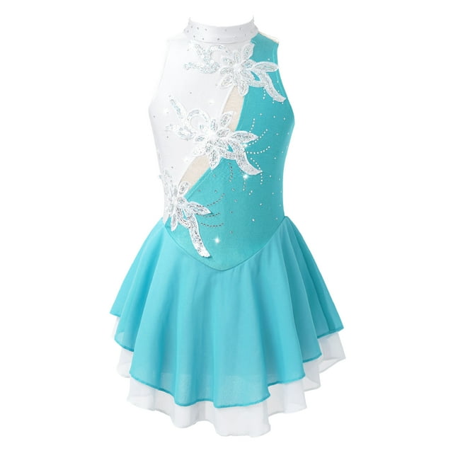 MSemis Enfants Filles Sans Manches Paillettes Floral Justaucorps de Ballet Tutu Jupe Patinage Artistique sur Glace et à Roulettes Robe de Compétition Costume Vert Lac&Blanc 14