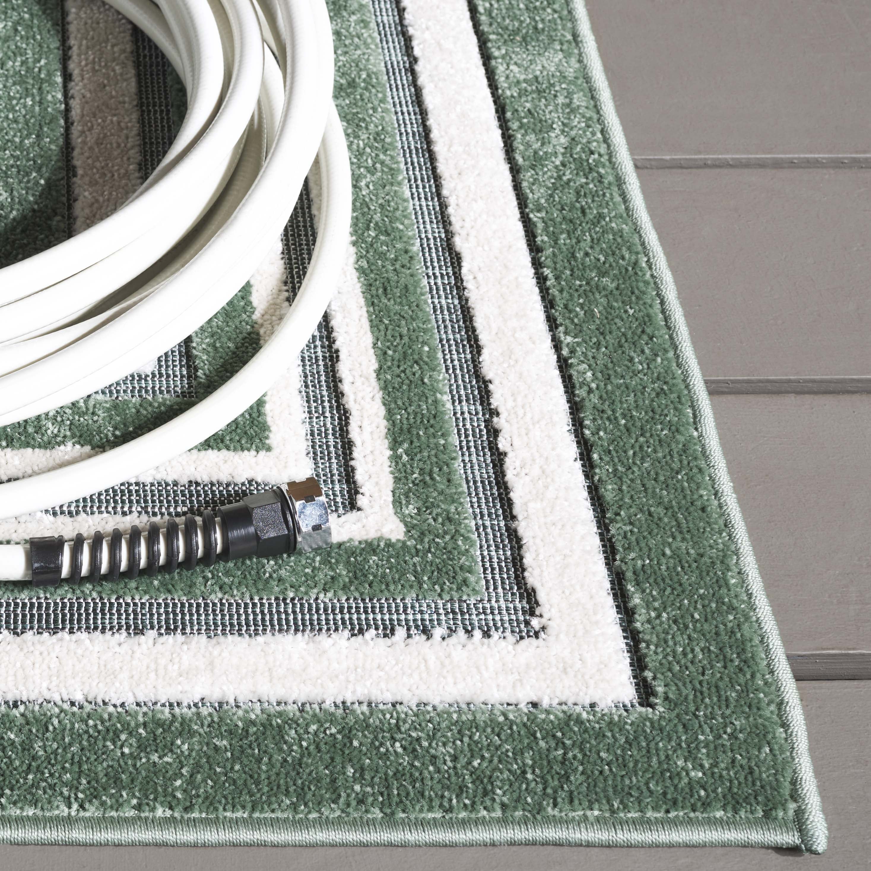 SAFAVIEH Cabana Rado Bordered Indoor/Outdoor Runner Rug, Green/Ivory, 2'2" x 8'