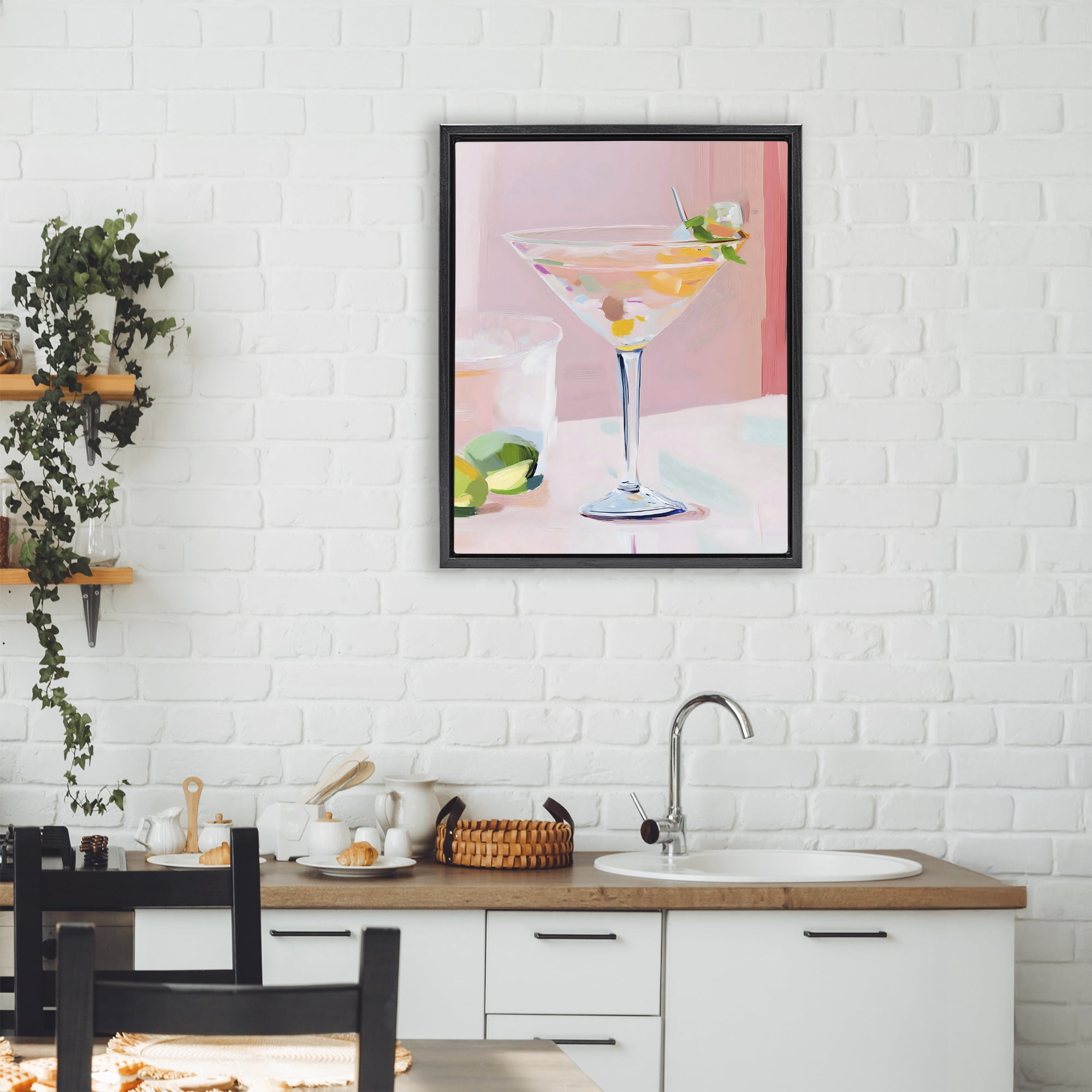 Stupell Industries Pink Martini Bar with Lime Black Framed Floater Canvas Wall Art, design by The Prints Vibe