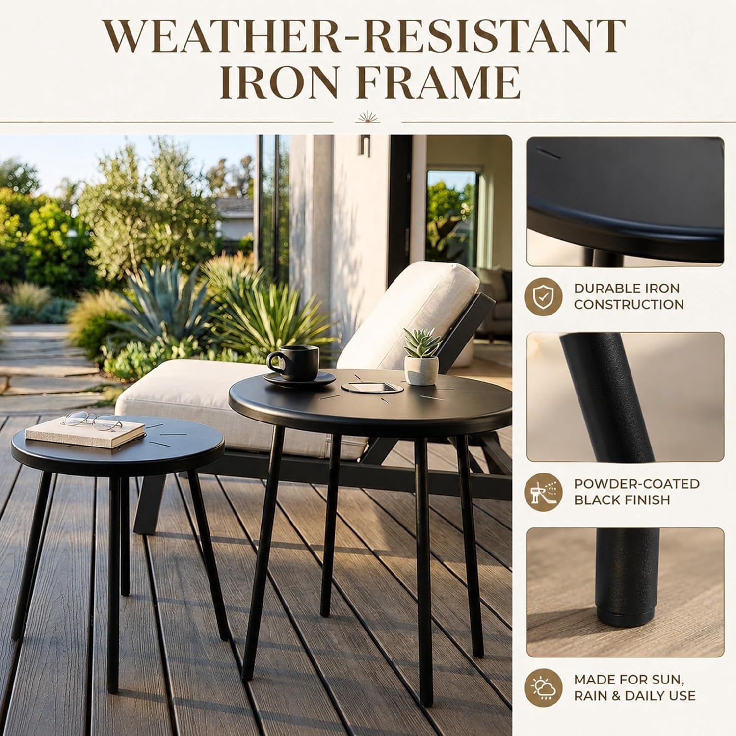 Black Round Nesting Coffee Table Set of 2, 2 PCS Small Outdoor Nesting Tables with LED Light for Living Room, Metal Side Table Set for Balcony Patio