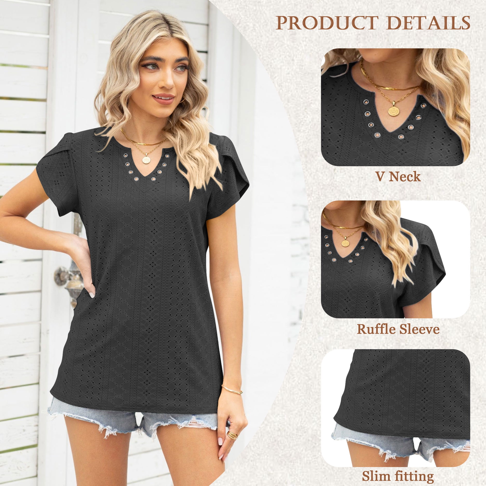 TEMOFON Womens Summer Tops Casual V Neck Tee Shirts Petal Sleeve Fashion Loose Blouses for Women Clothes Short Sleeve Shirts Dressy Tunic Tops