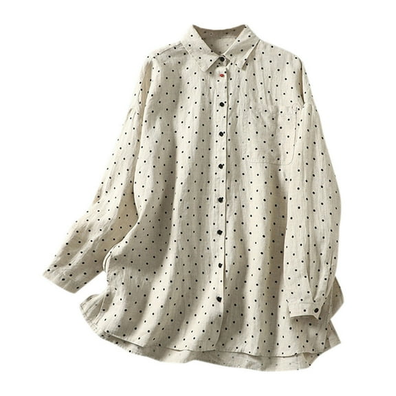 Lovskoo Cotton Linen Shirts for Women Button Down Long Sleeve Collared Loose Comfortable Polka Dot Summer Tops Khaki