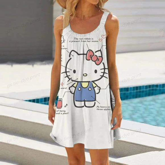 Summer Fashion Bag Hip Beach Party Dress Hello Kitty Printing Cute Cartoon Print Sleeveless Sexy Night Club Loose Dress FJH