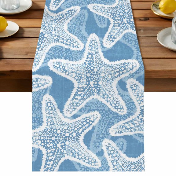 Table Runner Blue Coastal Starfish Table Runners Ocean Marine Life Cotton Linen Dresser Scarf Kitchen Dining Table Decor for Holiday Party Decor 13x90 Inch