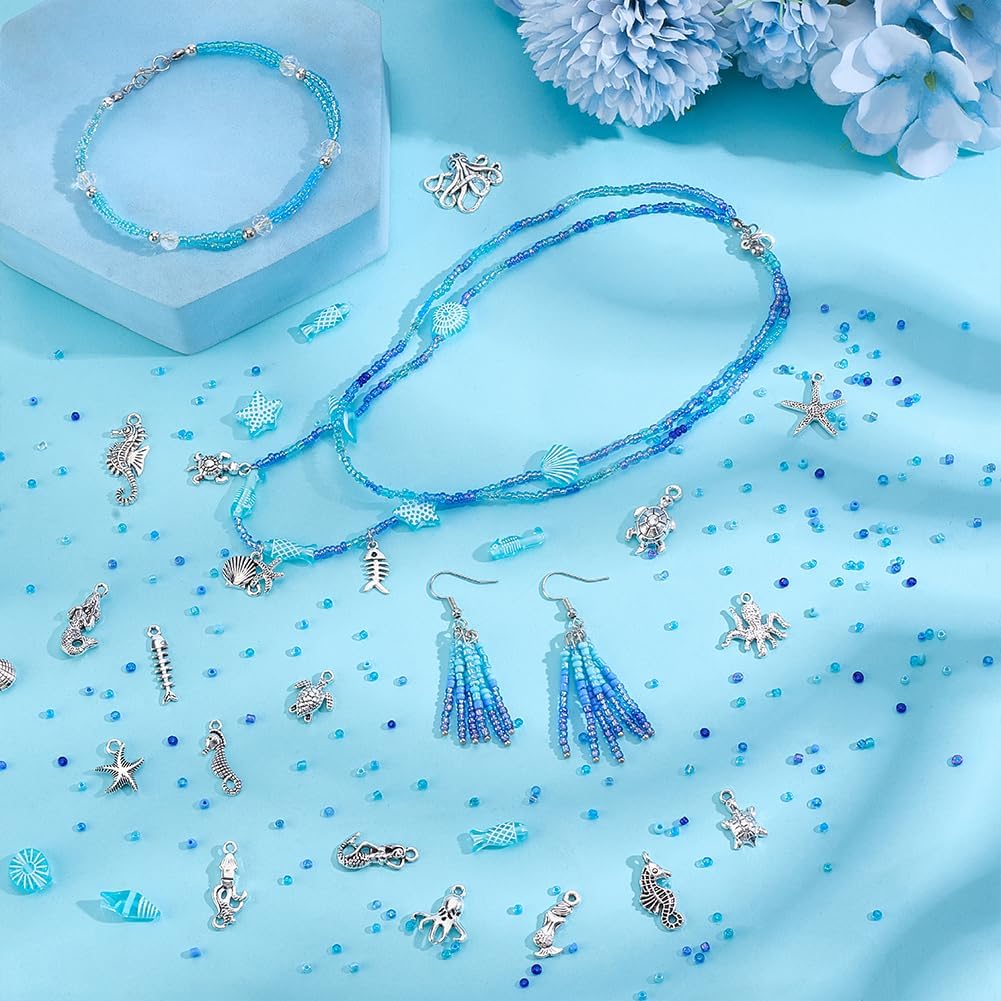 PH 22060pcs Blue Seed Beads Kit 22 Colors 2mm Mini Glass Beads Ocean Jewelry Making Kit Animal Charms Acrylic Beads Waist for Making Bracelet Necklaces Earring colorful DIY