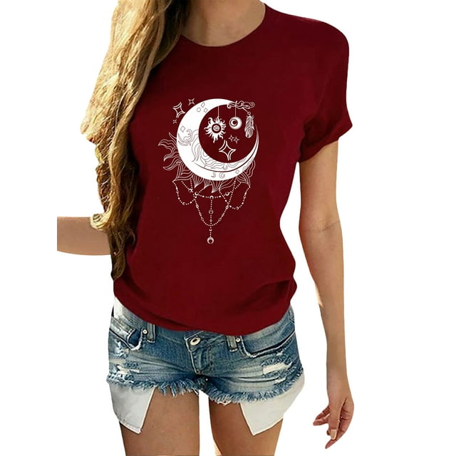 Daeful T-Shirt Femme Tops d'Été Manches Courtes Décontracté Tee Bordeaux m