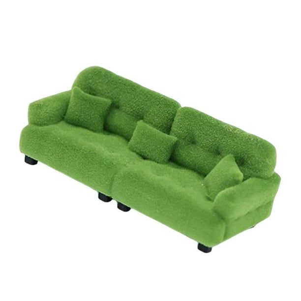 Sofá en miniatura para casa de muñecas, escena de vida con adorno de almohada, sala de estar 1 20 Verde