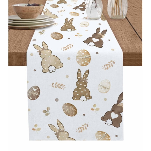 Easter Spring Table Runner 60 Inches, Watercolor Brown Bunny Rabbit Eggs Plants Bed Runner Dresser Scarves Tabletop for Indoor Outdoor Parties/Ceremony/Banquet, 13" x 60"