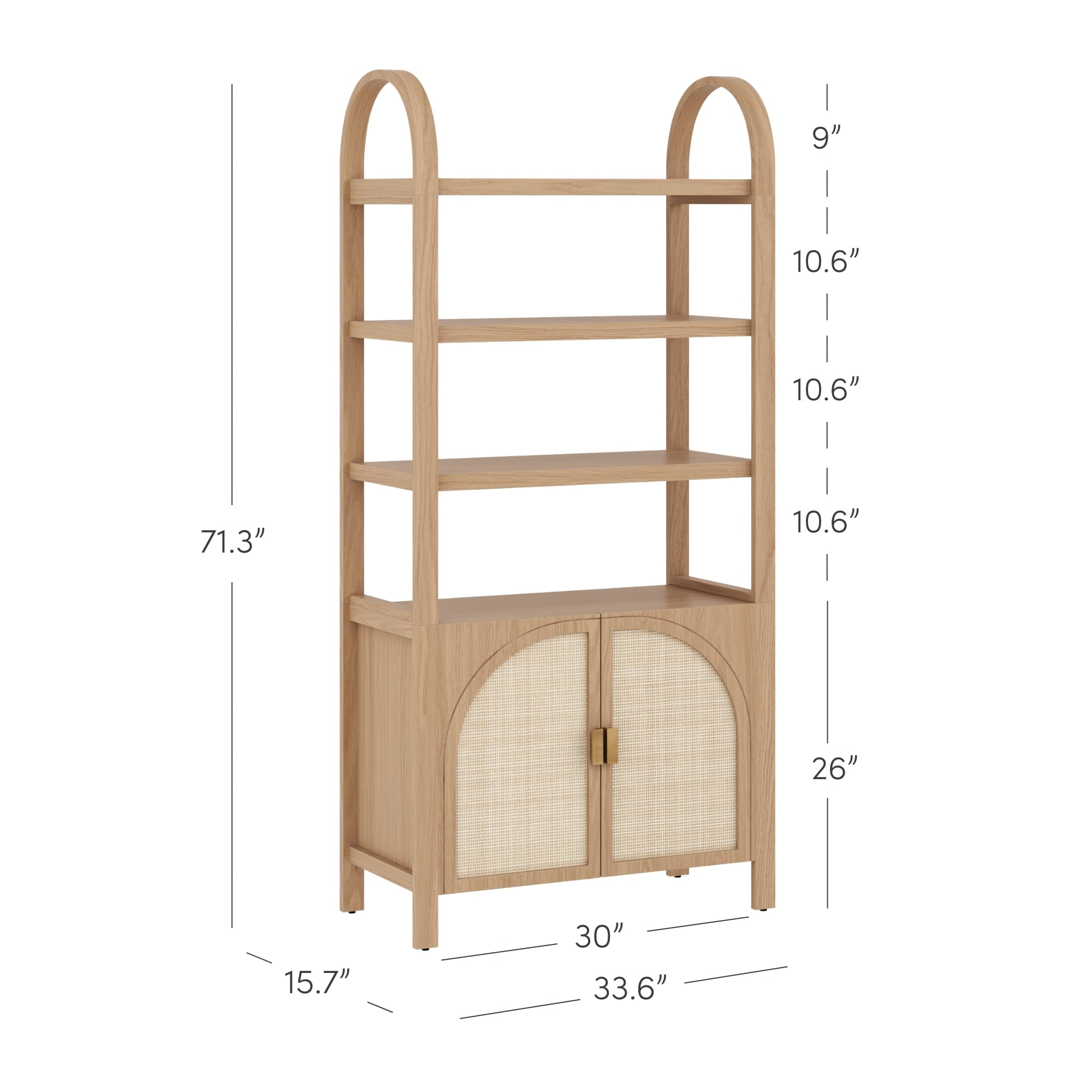 Nathan James Paxton Mid-Century Modern Bookshelf Cabinet with Solid Wood Frame Rattan Bookshelf with Cabinet Base, Arched Bookcase Cabinet for Living Room or Home Office, Raw Oak