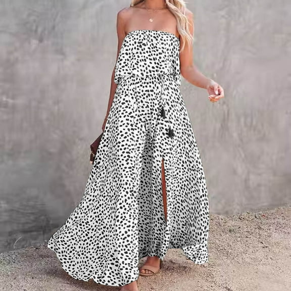 Summer Saving Wycnly Formal Dresses for Women Sleeveless Tube Top Leopard Print Summer Maxi Dresses Beach Party Sexy Off Shoulder Elastic Waist Slit Swing Dress White s Under $5