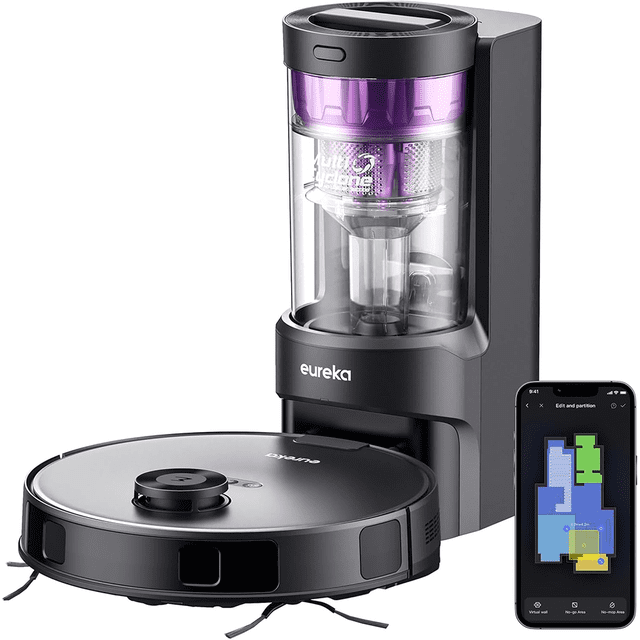 The (Manufacturer Refurbished) Eureka E10s Robot Vacuum with Bagless Self Emptying Station, a robotic vacuum and mop combo, shown with its sleek black design and a transparent self-emptying station featuring a purple HEPA filter. The vacuum offers 4000Pa suction power, LiDAR navigation, and app control for customized cleaning. A smartphone displaying the app interface with mapping and zone management is also visible.