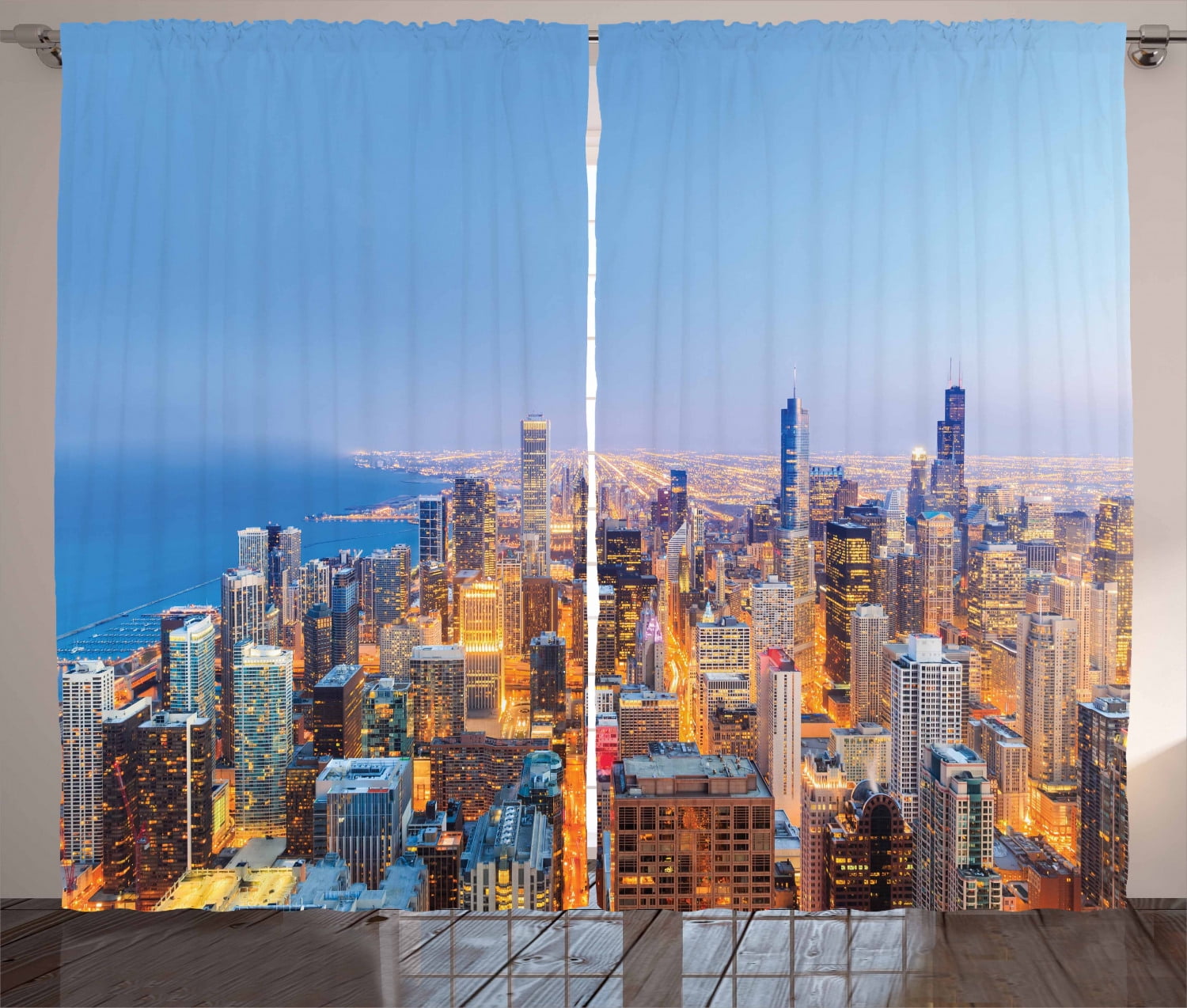 Chicago Skyline Curtains 2 Panels Set, Aerial View of Town with Michigan Lake Vibrant City ...