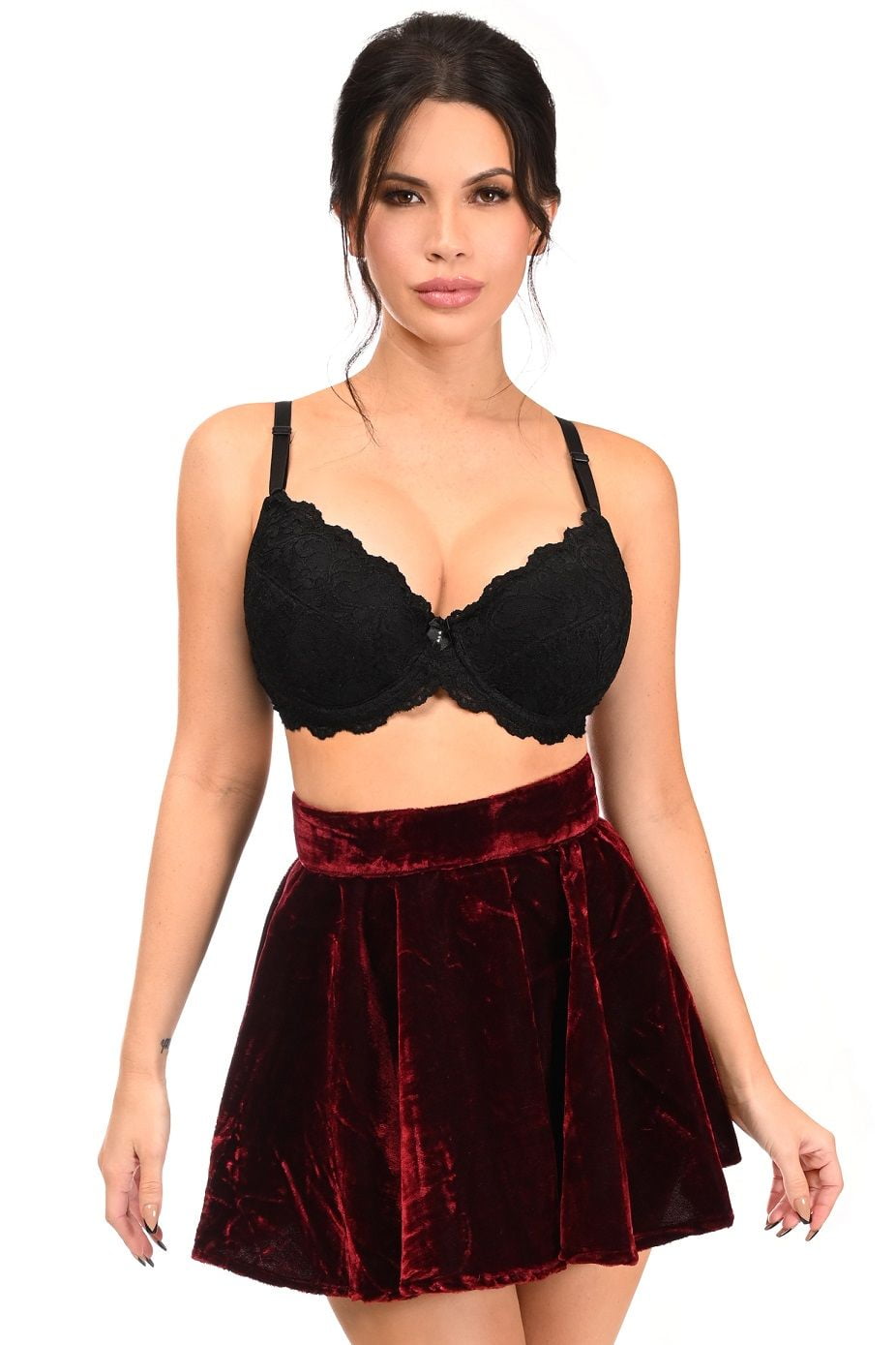 Ladies Girls Crushed Velvet Elasticated Waist Flared Mini Skirt Red Wine Black 