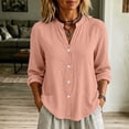 thumbnail image 4 of Cotton Linen Button Down Shirt for Women Ghalytn V Neck Stand Collar Blouse - Long Sleeve Casual Top with Pockets, 4 of 8