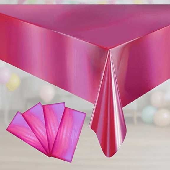 4 Pack Disposable Iridescent Plastic Tablecloths, Sparkly Foil Table Covers for Rectangle Tables, Perfect for Party Decorations, Birthday, Wedding, Christmas, Hot Pink, 54 x 108 Inch