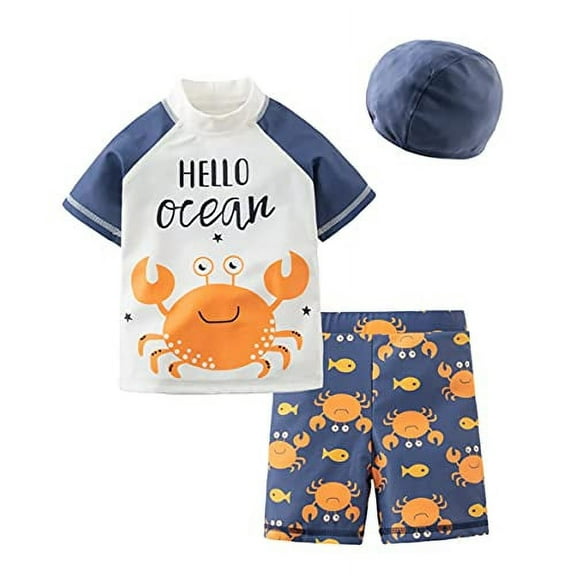 Styles I Love Kid Boys Hello Ocean & Crab Short Sleeve Rash Guard Set and Hat 3pcs White Swimsuit Beach Bathing Suit (18 Months)