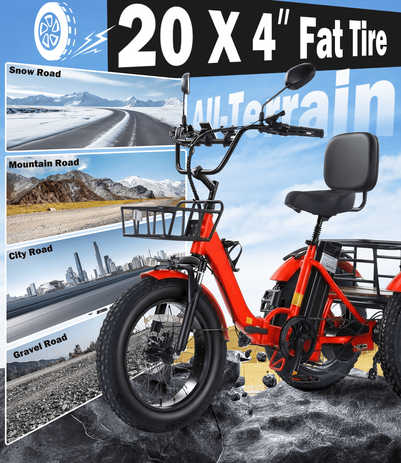 Electric Tricycle for Adult Folding Etrike Adult Electric 3 Wheels Bicycle Peak 1350W Motor Aluminum Frame 48V15.6AH Lithium Battery 20×4.0" Fat Tire & Rear Differential