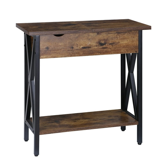 ZENY Flip Top Entryway End Table X-Design Steel Frame with Extra Power, Sandstone
