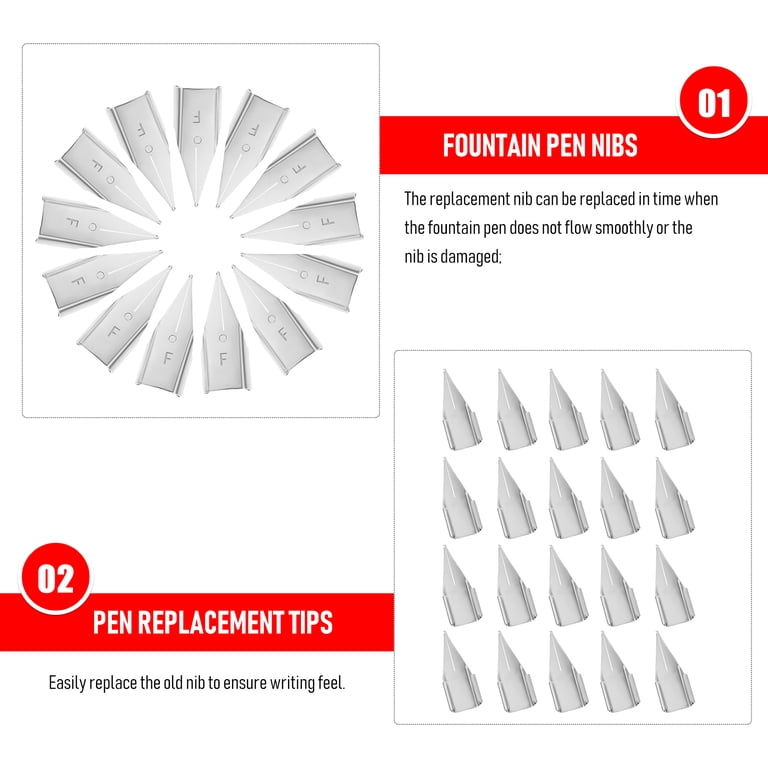 20 Pack Fountain Pen Replacement Nibs - Silver Steel Flex Nib Tips For Calligraphy & Writing