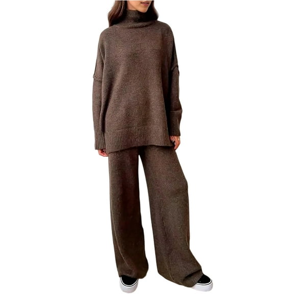 Womens Knit Lounge Set 2 Piece Sweater Top and Wide Leg Pants Soft Cozy Outfit for Fall Winter Brown S