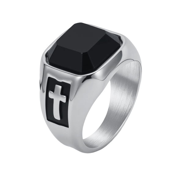 PAMTIER Men's Stainless Steel Retro Street Style Black Square Cross Gemstone Ring Silver Size 11