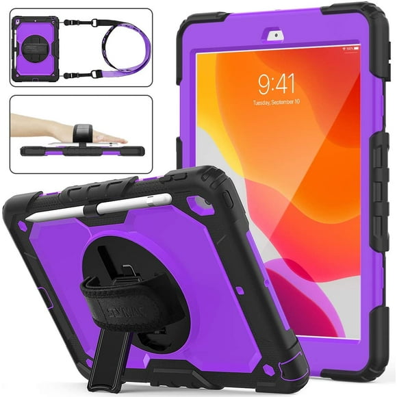 iPad 9th/8th/7th Generation Case, Three Layer Drop Protection Case with [360 Rotating Stand] Hand Strap &[Stylus Pencil Holder] for 2021/2020/2019 New iPad 9/8/7 Gen 10.2 (Purple+Black)