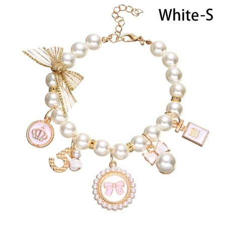 Pet Products Cat Jewelry Cat Supplies Puppy Accessories Pet Pearl Collar Bow Necklace Dog Cat Princess Adjustable WHITE S