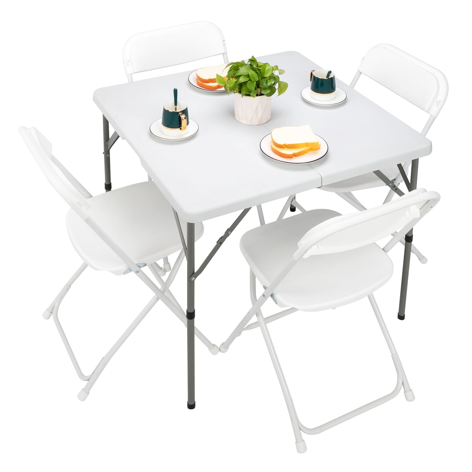 34 Inch Blow Molding Foldable Square HDPE Table Sturdy Steel Frame White Portable Folding Dining Table Space Saving Picnic Camping Party Patio Buffet Game Table