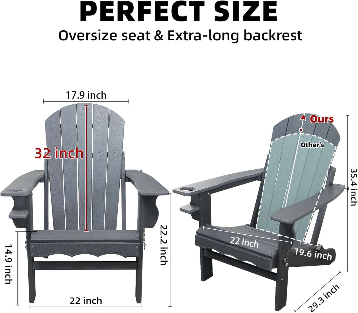 Fire Pit Chairs, HDPE Folding Adirondack Chairs Weather Resistant, Composite Foldable Adirondack Patio Chair with Cup Holder and Umbrella Hole, Grey