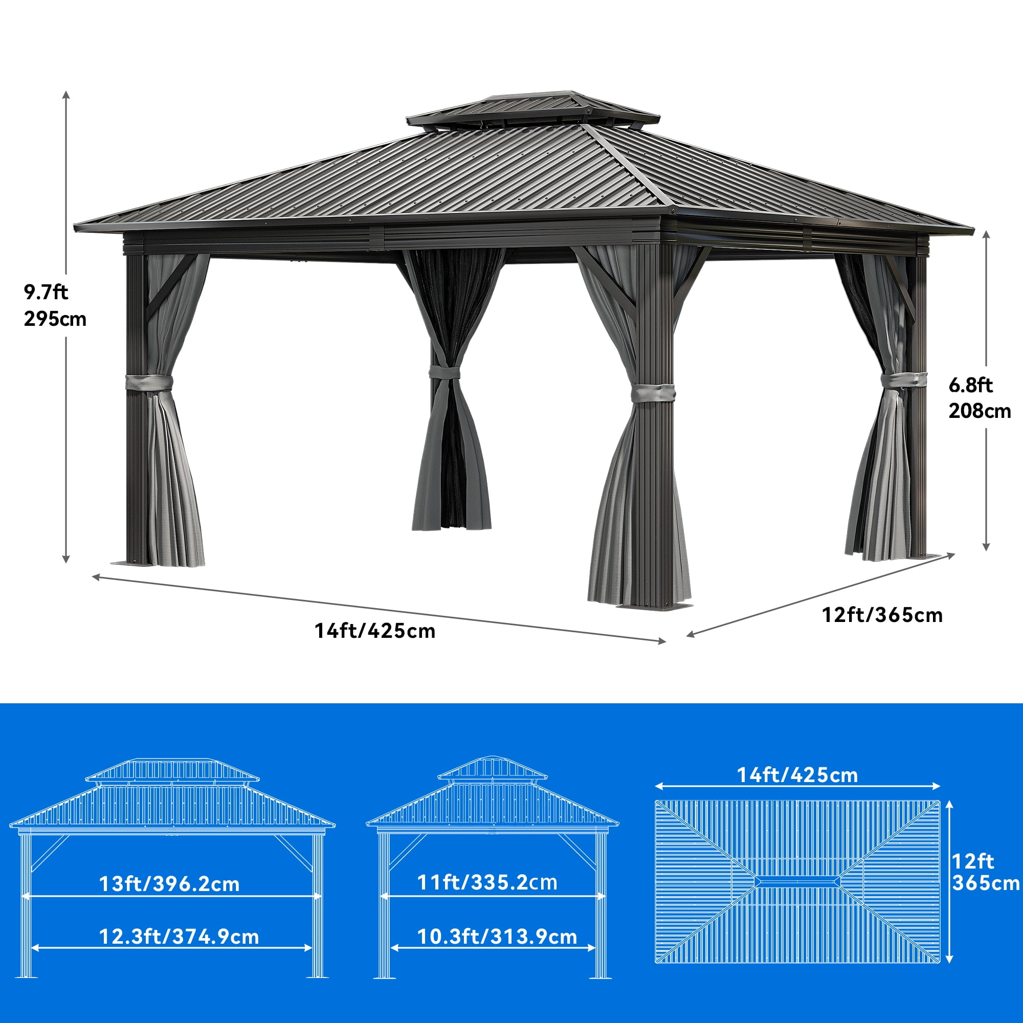 Dextrus 12x14ft Hardtop Gazebo with Nettings and Curtains, Heavy Duty Double Roof Galvanized Steel Outdoor Combined of Vertical Stripes Roof for Patio, Backyard, Deck, Lawns, Gray