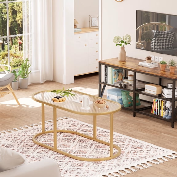 Coffee Table Gold Glass Coffee Table for Living Room, Oval Table Center Table with Ribbed Glass Top and Sturdy Metal Frame,Modern Glass Accent Tables for Bedroom Home Office